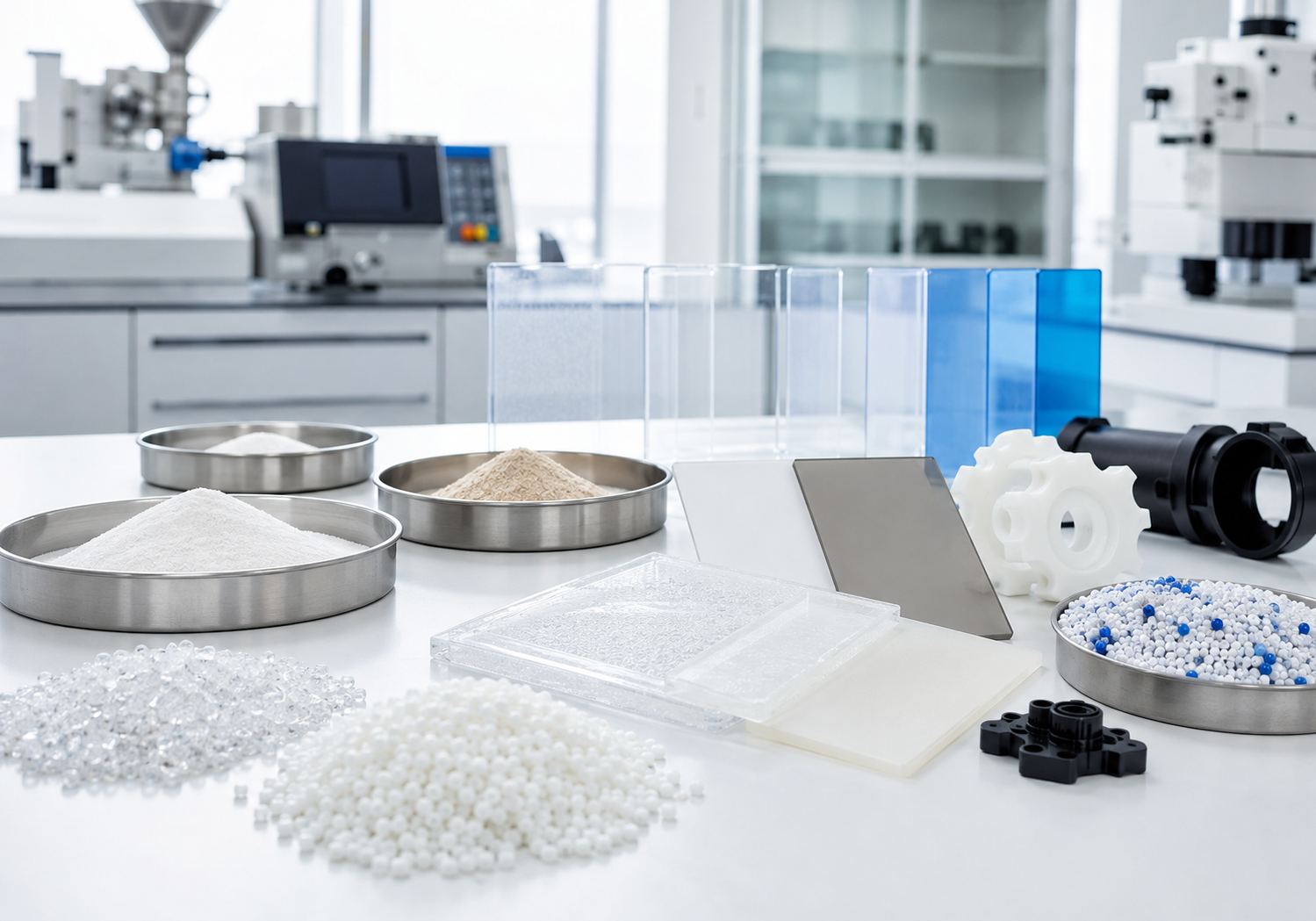 Technical additive materials for plastics on a laboratory sample table