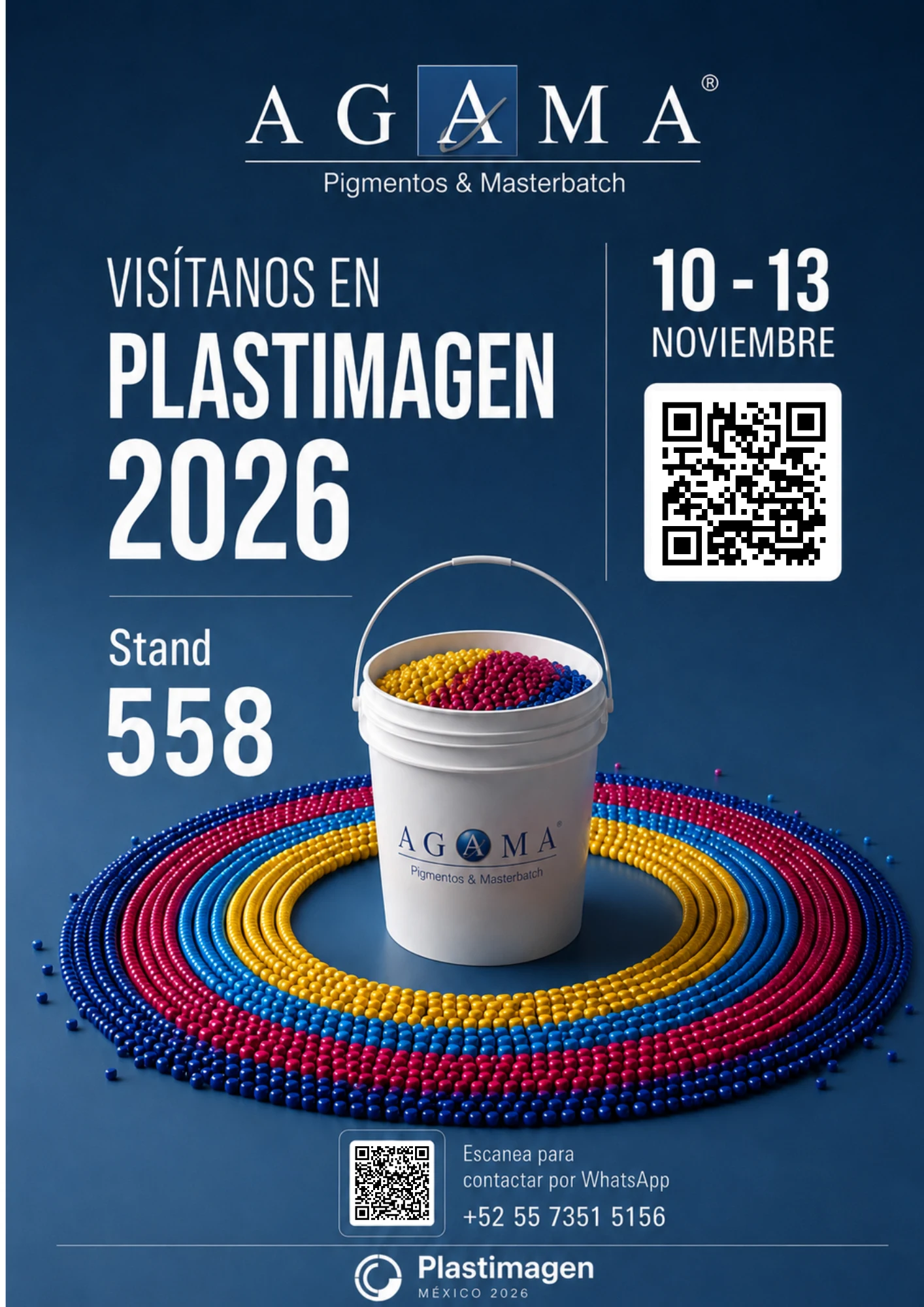 AGAMA flyer for Plastimagen CDMX with logo and booth 558