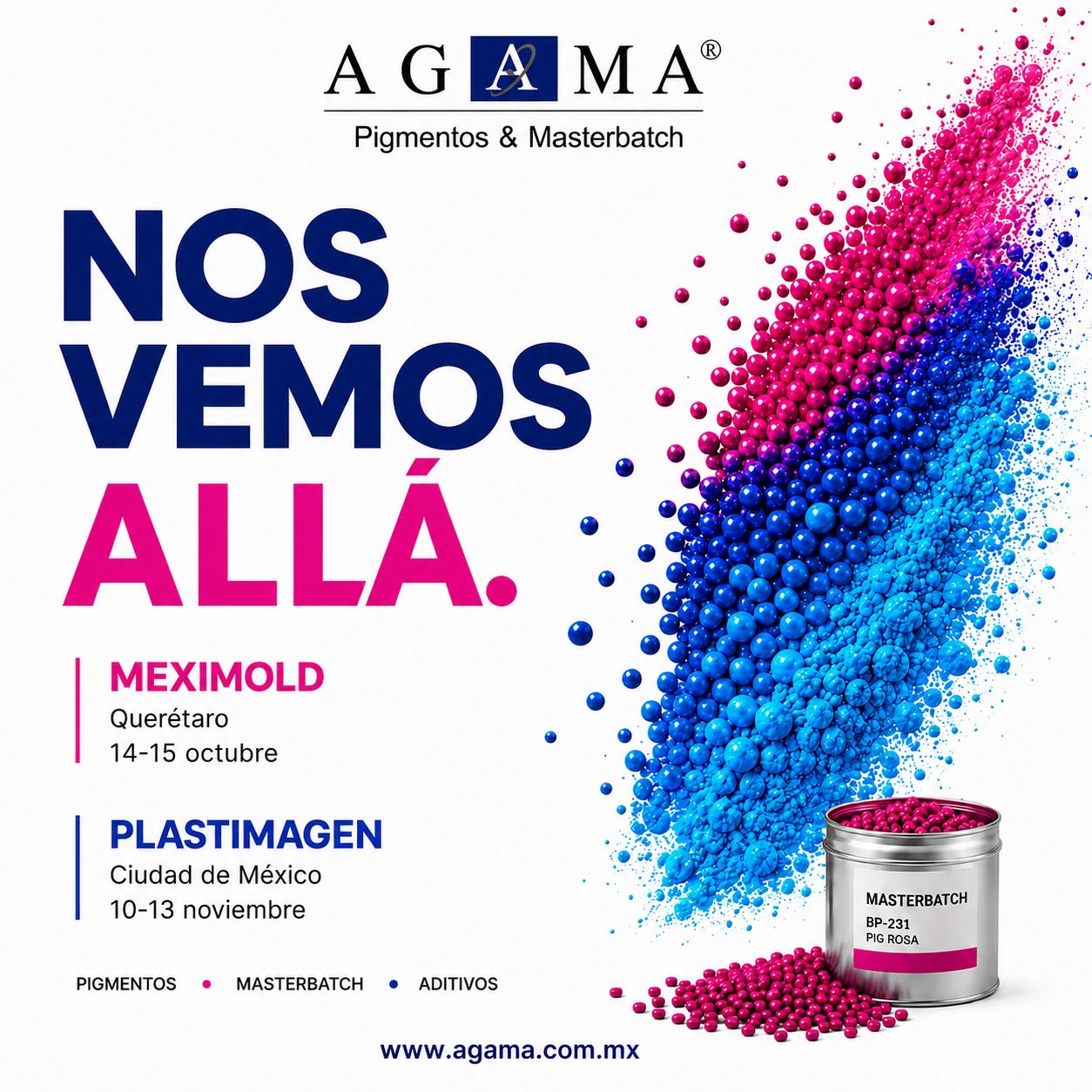 Poster promocional de eventos AGAMA con fechas de Meximold y Plastimagen.