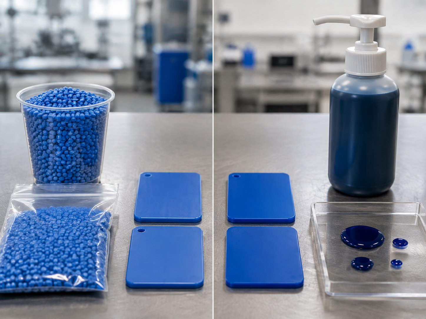 Masterbatch pellets next to finished plastic color plaques