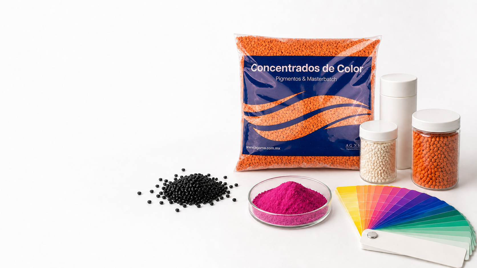 Composición de productos AGAMA con masterbatch, pigmentos y muestras de color