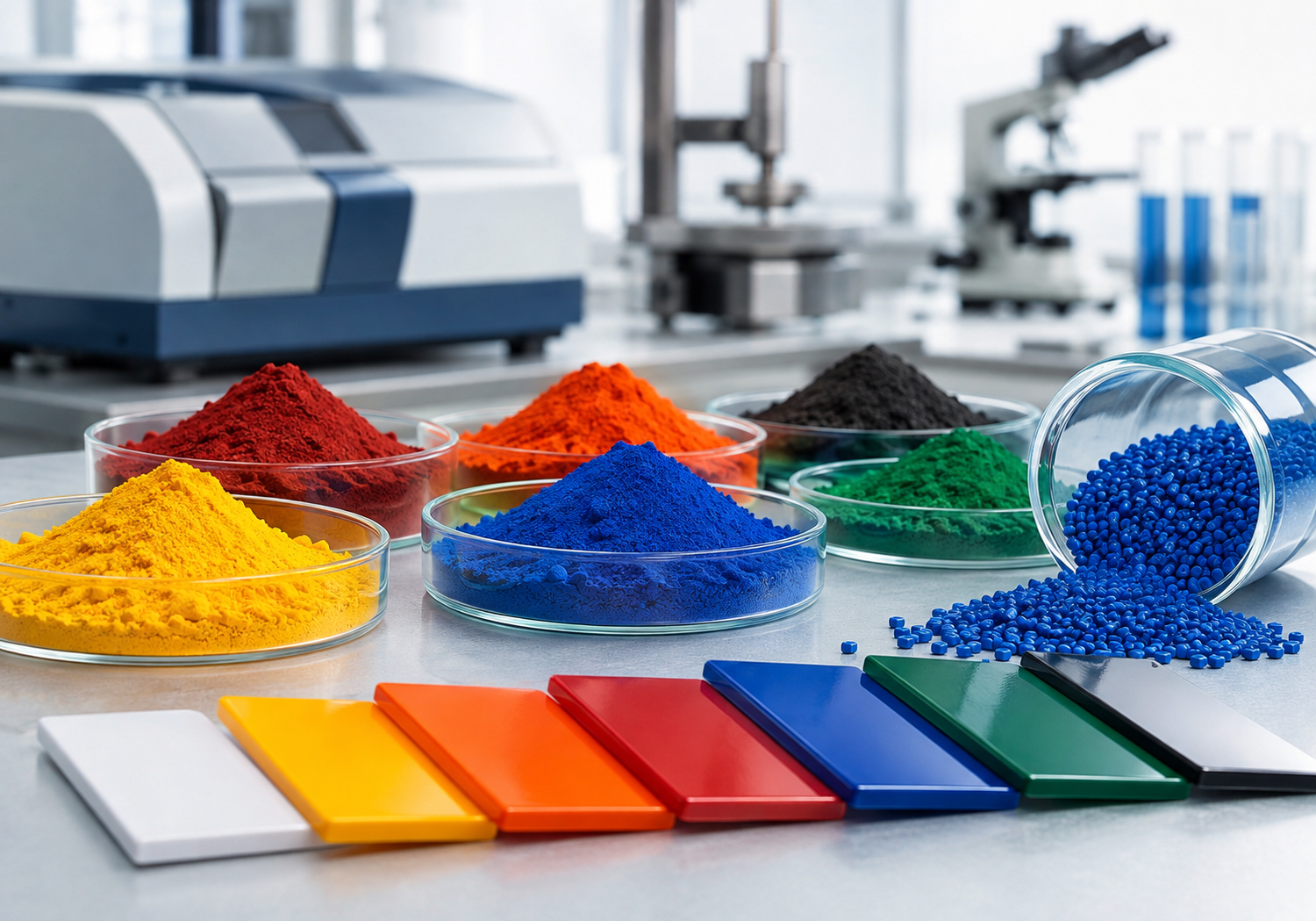 Plastic pigment materials on an industrial sample table