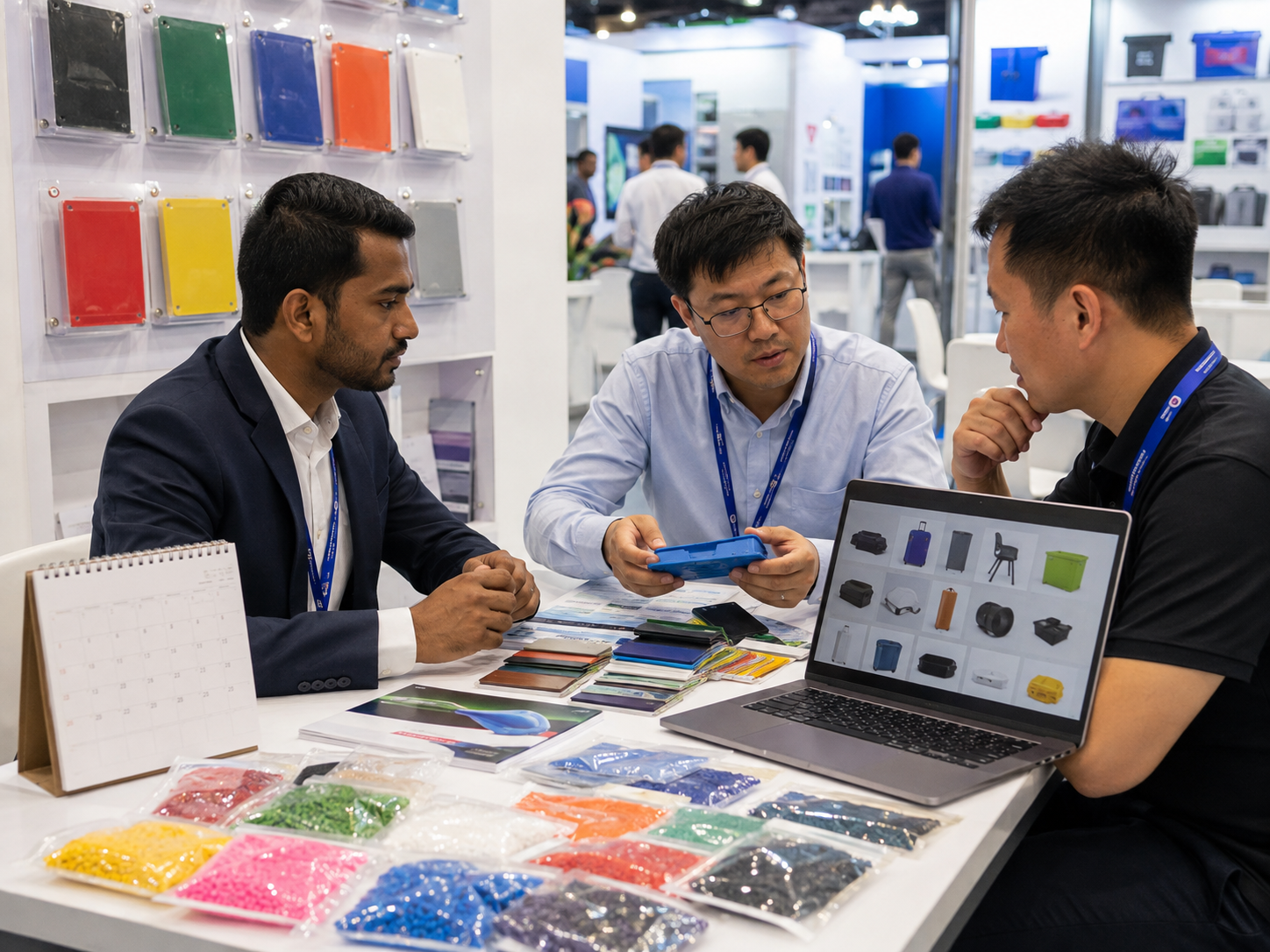 Plastics event meeting with masterbatch samples and color plaques