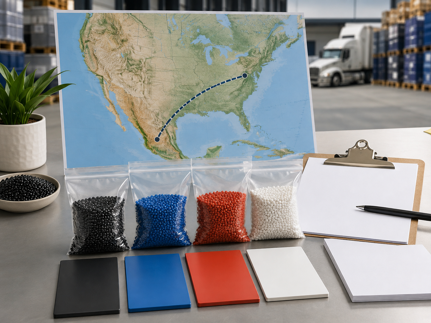 Mexico-to-US plastics sourcing route with masterbatch samples and color plaques