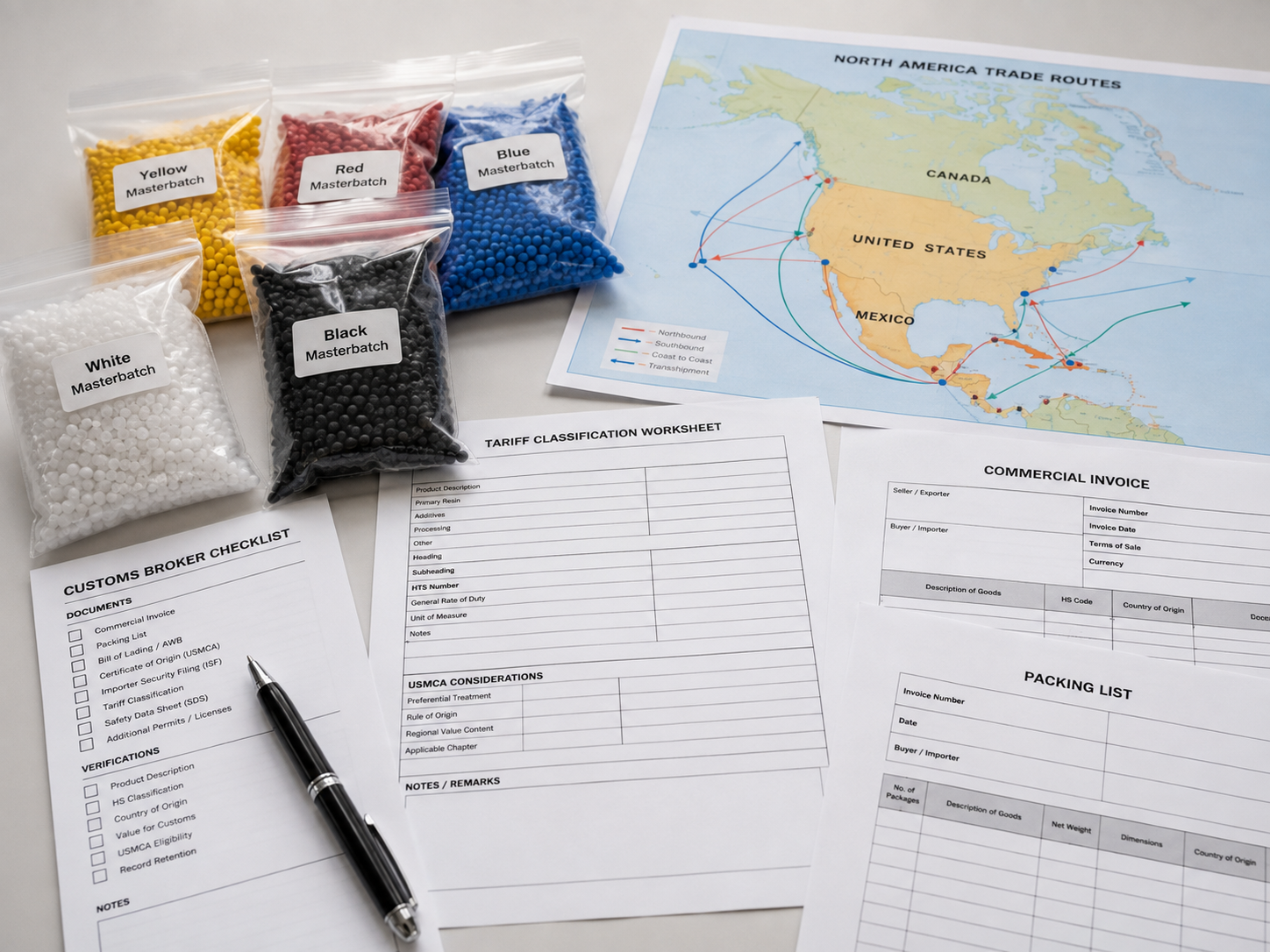 Trade documentation and masterbatch samples for North American sourcing