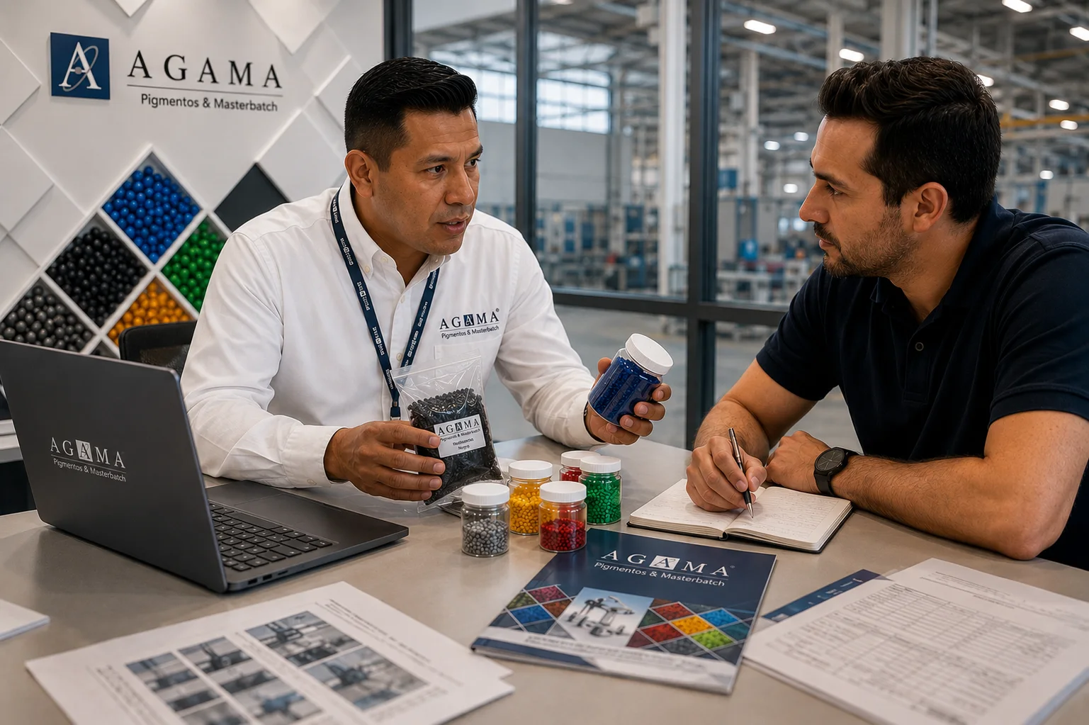 Asesor de AGAMA mostrando materiales y muestras a un cliente durante una conversación comercial