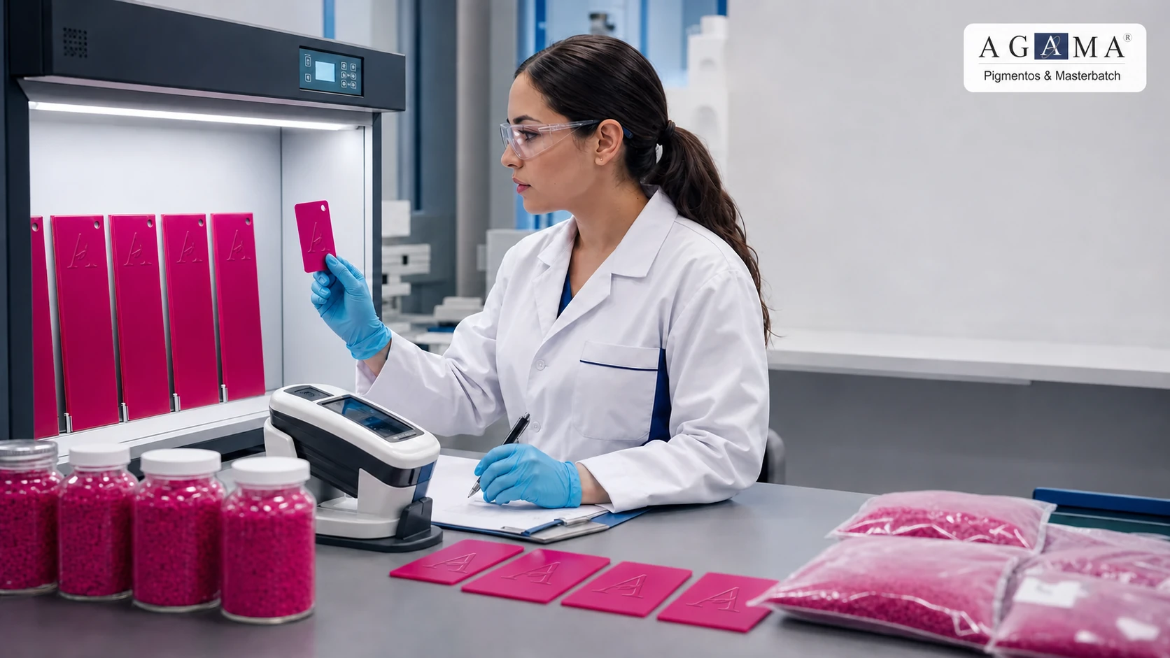 Responsable de calidad comparando lotes de pigmento magenta y placas plásticas con A de AGAMA en relieve